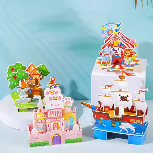 12/48Pc Cartoon 3D House Building Model Paper Jigsaw Puzzle Educational Toys for Kids Birthday Party Favors Kindergarten Rewards